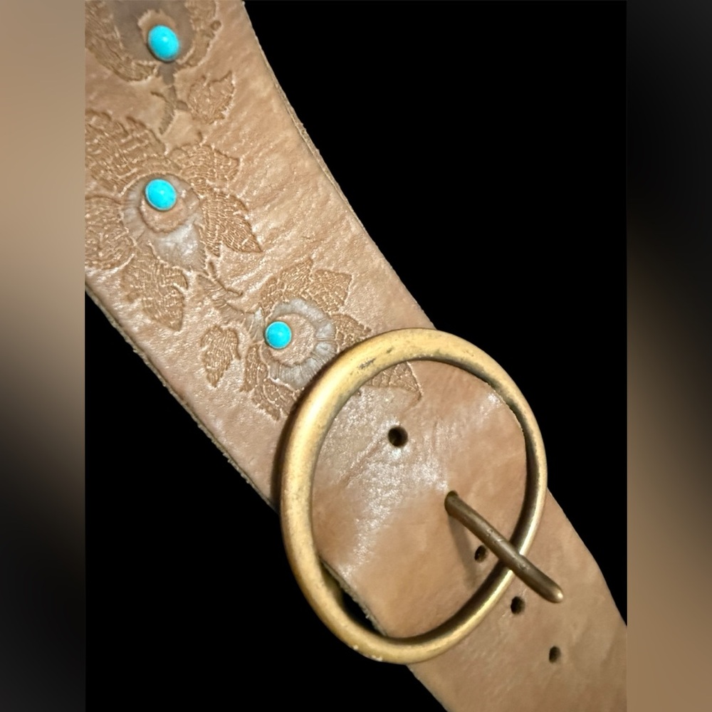 Vintage Diesel Tan Leather Belt with Gold Buckle and Turquoise Accents